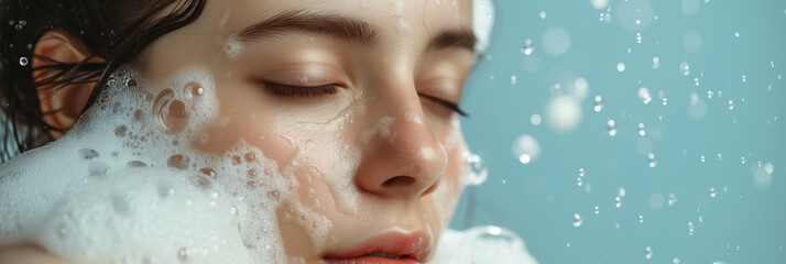 Close up, woman's face with splashing water on foamy skin. Image for hydrating facial cleanser advertisement. Spa menu's feature treatment or skincare product. Banner with copy space. - obrazy, fototapety, plakaty