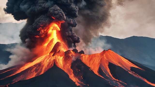landscape image of an erupting volcano