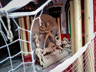 Kolkata, West Bengal, India- September 20 2019: Making of clay sculpture of Hindu Goddess Durga...