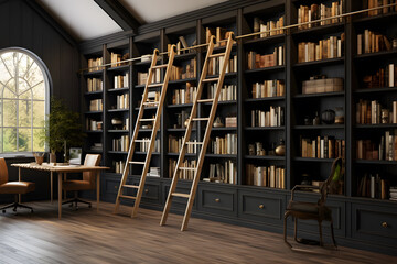 home office with a wall of built in bookshelves