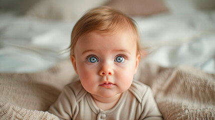 Tender Baby's Gaze. A baby gazing at the camera with a tender and innocent expression. The light-toned background enhances the purity of the moment, capturing the essence of early childhood innocence