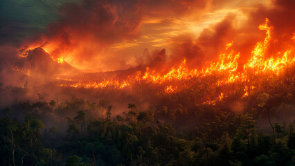 Forest Fire in a Mountain Landscape. The flames rage through the trees, creating a contrast against the rugged landscape. The scene depicts the destructive power of wildfires in natural enviroments