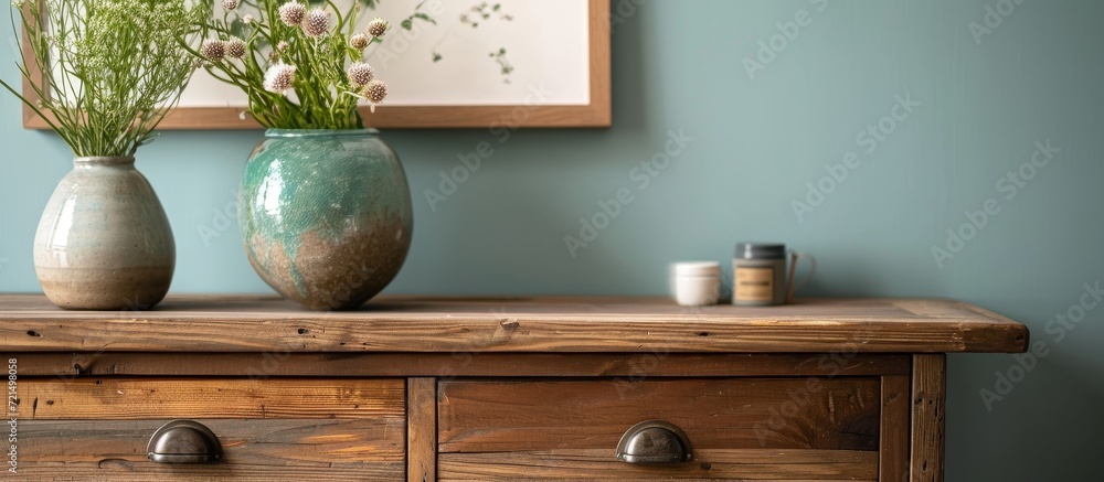 Poster stylish wooden picture frame and sideboard table - a picture-perfect combination with a rustic twist