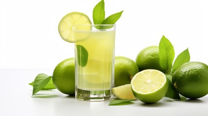 Fresh Lime fruit juice. A glass of Lime juice with Lime on the table. Minimalism. Food photography. Horizontal format