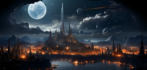 Obraz premium A luminous, futuristic cityscape emerging from the darkness