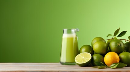 Lime juice in a glass with limes on table with green background. Lime juice. Healthy and diet food. Minimalism. Food photography. Horizontal format