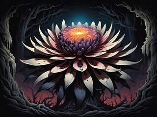 A mystical flower with a glowing center, surrounded by a dark eerie forest. Vibrant colors and intricate details create a surreal and enchanting atmosphere.