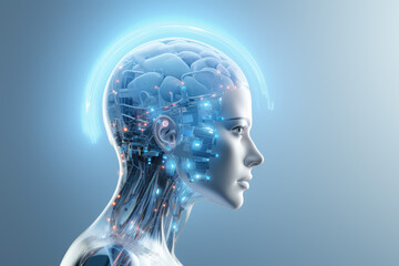 3d rendering of female cyborg head with circuit board and blue background