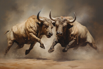 Bulls fighting in the studio with smoke background