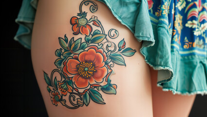 A woman in short skirt proudly displays her new tattoo showing colored flowers on her upper thigh