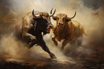 Zelfklevend Fotobehang Bulls fighting in the studio with smoke background © Kitta
