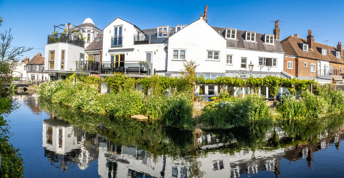 Typical buildings and Great Stour river in Caterbury city, England