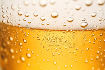 Close up of beer with bubbles in a glass. Beer background