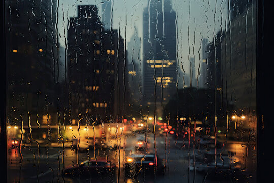Fototapeta Double exposure of New York city at night with raindrops on glass