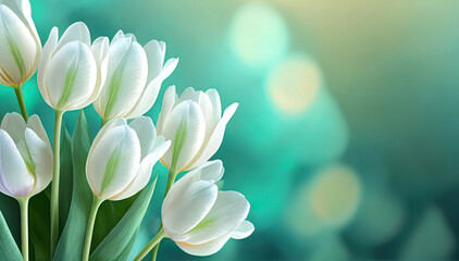 Piekne białe tulipany, wiosenne tło kwiatowe. Bukiet kwiatów tulipanów - obrazy, fototapety, plakaty