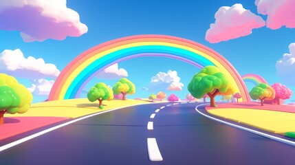 3d rendered cartoon rainbow and road