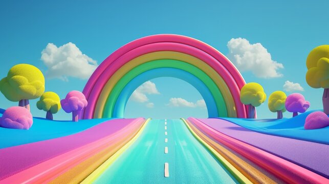 3d rendered cartoon rainbow and road