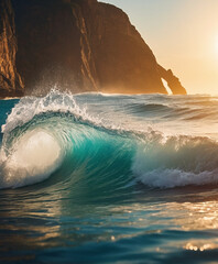lapping ocean waves near mountains