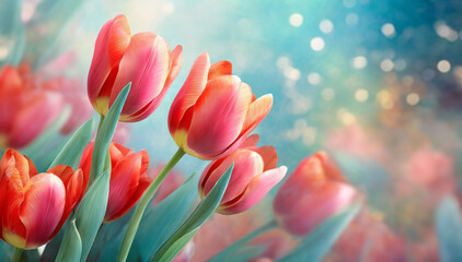 Wiosenne czerwone tulipany, pastelowe tło kwiatowe - obrazy, fototapety, plakaty