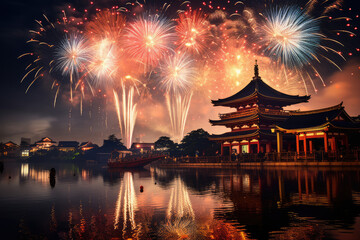 Beautiful fireworks display with Hengshan Temple at night, Hangzhou, China