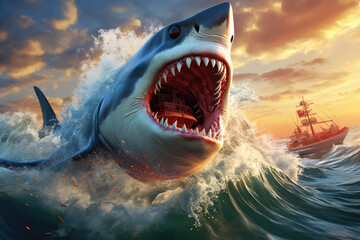 Great white shark with open mouth and huge teeth. 3d render