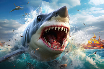 Great white shark with open mouth and huge teeth. 3d render