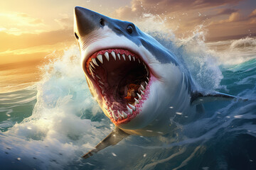 Obraz premium Great white shark with open mouth and huge teeth. 3d render