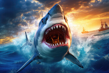 Great white shark with open mouth and huge teeth. 3d render - obrazy, fototapety, plakaty