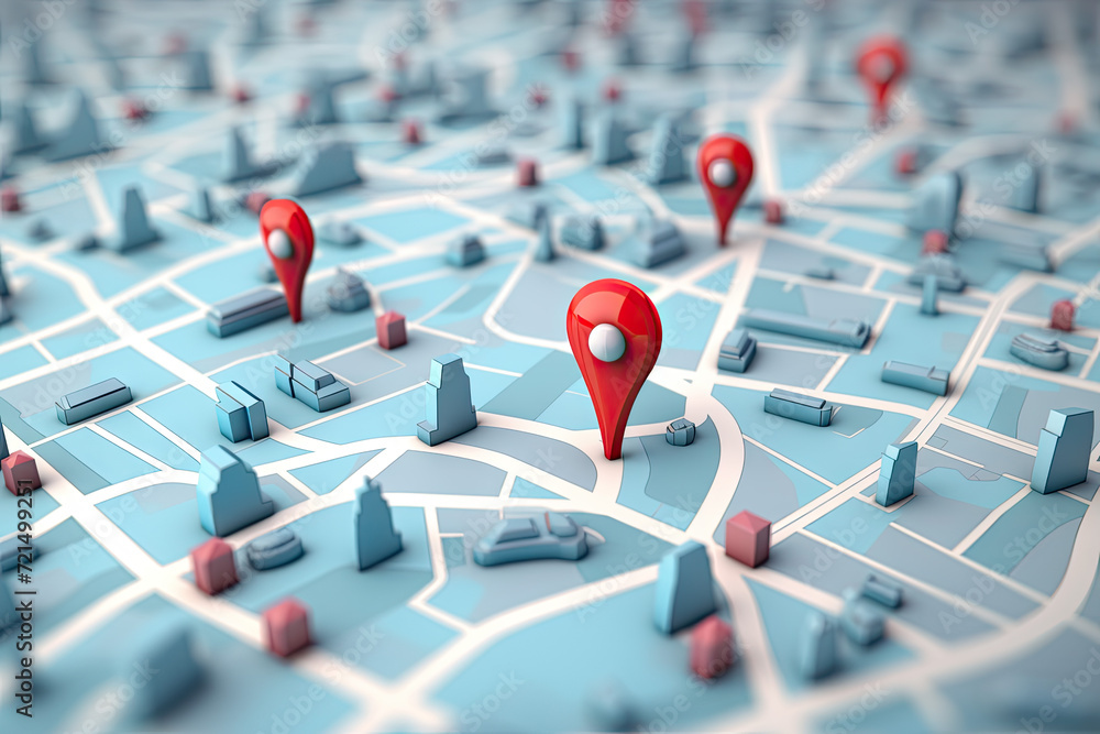 Poster 3d illustration of map with red pointers over blue background with map