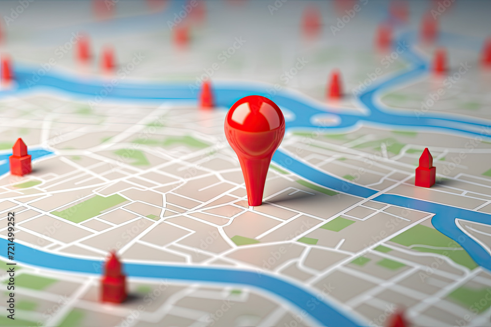 Poster 3d illustration of map with red pointers over blue background with map