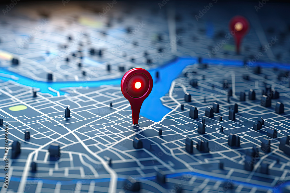 Poster 3d illustration of map with red pointers over blue background with map