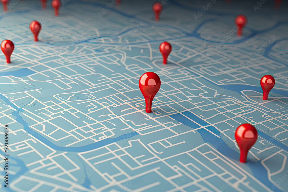Poster 3d illustration of map with red pointers over blue background with map