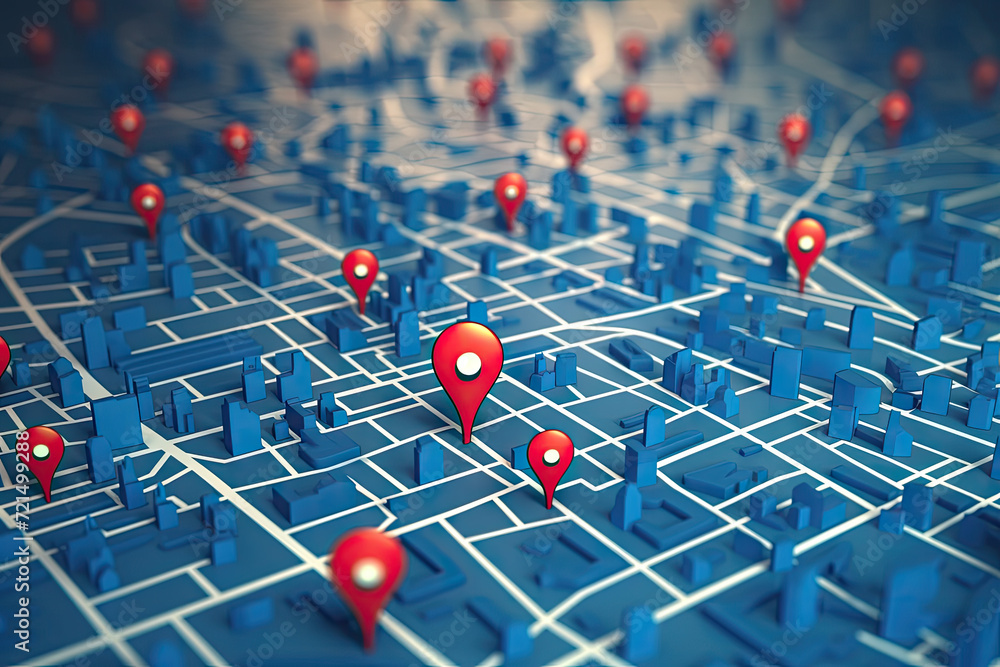 Poster 3d illustration of map with red pointers over blue background with map