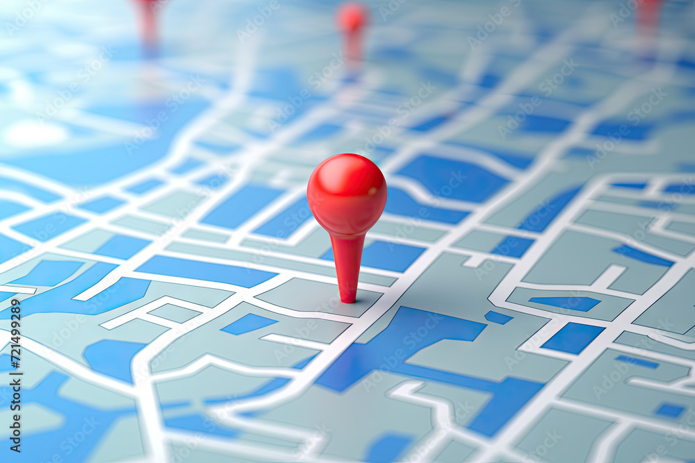 Poster 3d illustration of map with red pointers over blue background with map