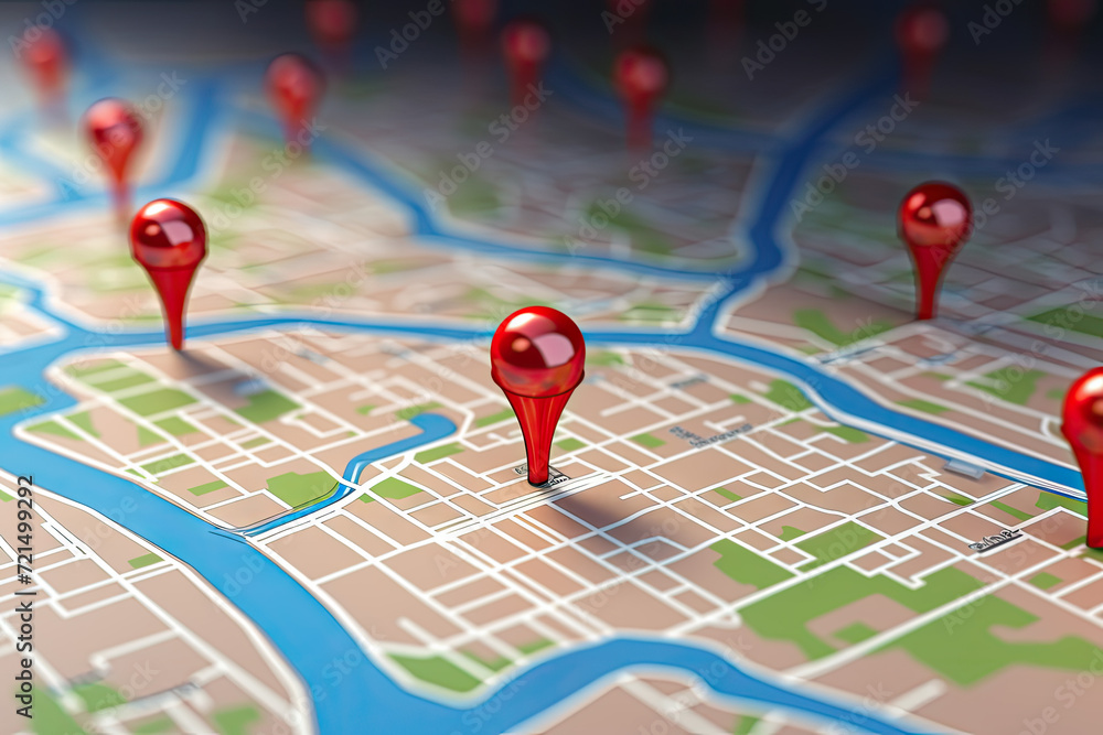 Poster 3d illustration of map with red pointers over blue background with map