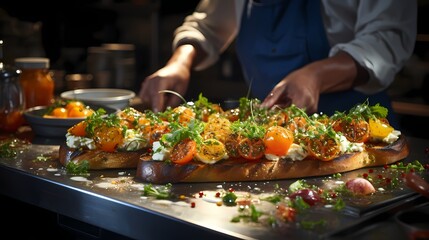 Obraz na płótnie Canvas A close-up of a chef's hands preparing a gourmet dish in a restaurant kitchen