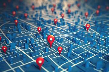 3d illustration of map with red pointers over blue background with map