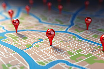 3d illustration of map with red pointers over blue background with map