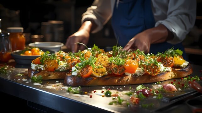 A close-up of a chef's hands preparing a gourmet dish in a restaurant kitchen