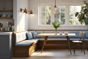 kitchen with a cozy breakfast nook and banquette seating - obrazy, fototapety, plakaty