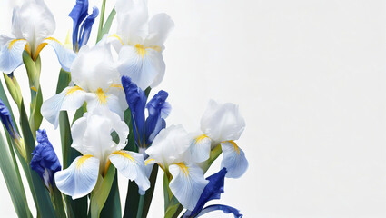 Piękne wiosenne pastelowe kwiaty irysy na białym tle, puste miejsce
