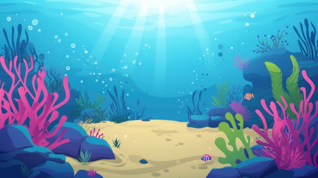 flat design cartoon illustration of an underwater sea scene, perfect for web backgrounds