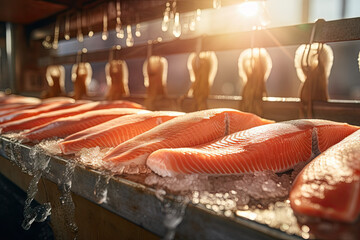 Raw fresh salmon fillets on a conveyor belt in a modern factory