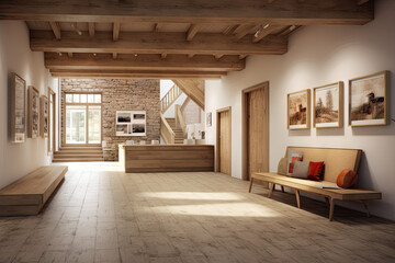 Interior of modern office lobby with wooden walls, concrete floor and wooden reception desk
