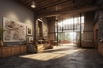 Interior of modern office lobby with wooden walls, concrete floor and wooden reception desk