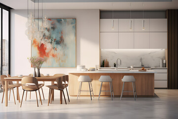 kitchen with a statement art piece as a focal point