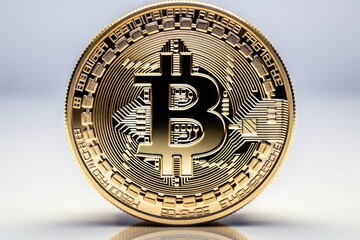 Golden bitcoin 3d view on white background, Reflecting a bitcoin in surface