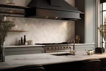 kitchen with a statement hood vent 