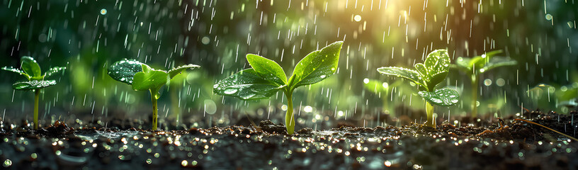 young plants growing on the ground in the rain save lives, banner - Powered by Adobe