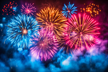 Vibrant firework celebration at night, marking a festive event with colorful explosions and joyful displays in the dark sky